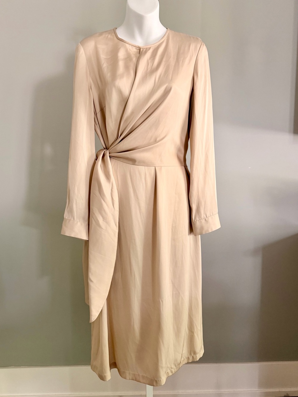 PESERICO Elegant Long-Sleeve Twist-Front Satin Midi Dress Sz 42/M NWT $798!!